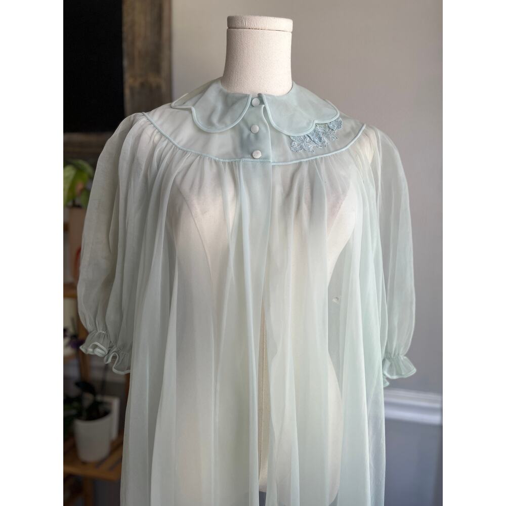 Vintage 60s Blue Dressing Robe Sheer Gown Peignoir Boudoir Size Small